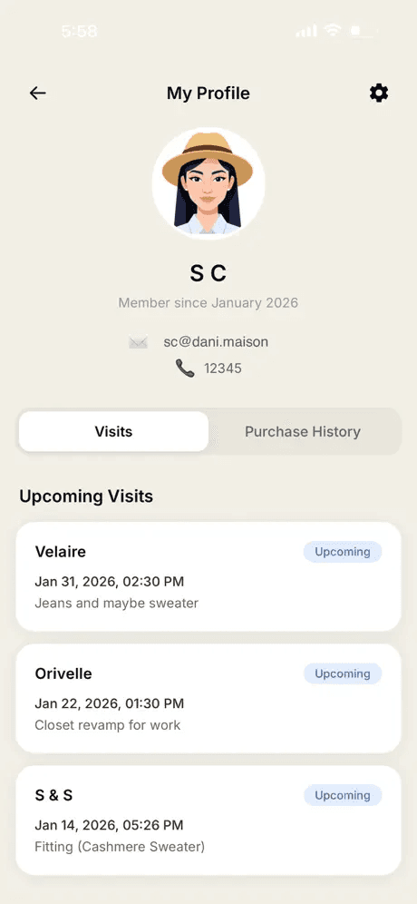 Customer profile screen showing member details, upcoming visits across multiple stores, and purchase history tab