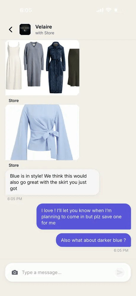 Clienteling chat thread with Velaire store showing product images shared by the store and a live customer reply