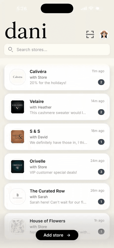 Dani app home screen showing connected stores with live message previews and unread counts