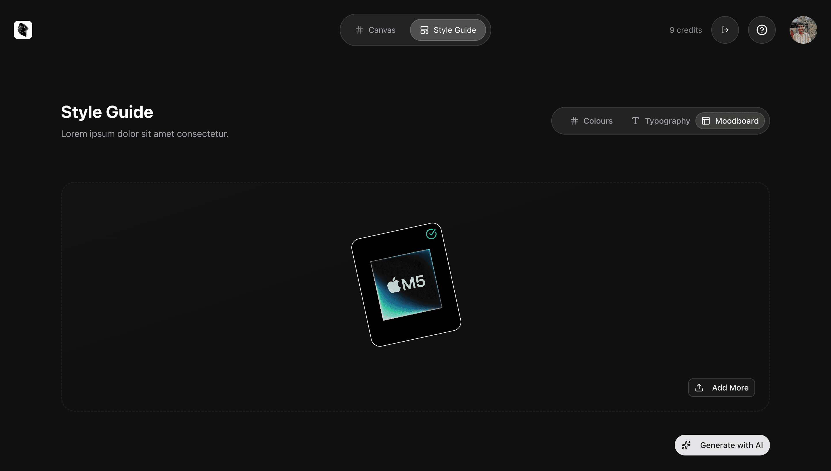 Style Guide moodboard tab with an uploaded reference image and Generate with AI button