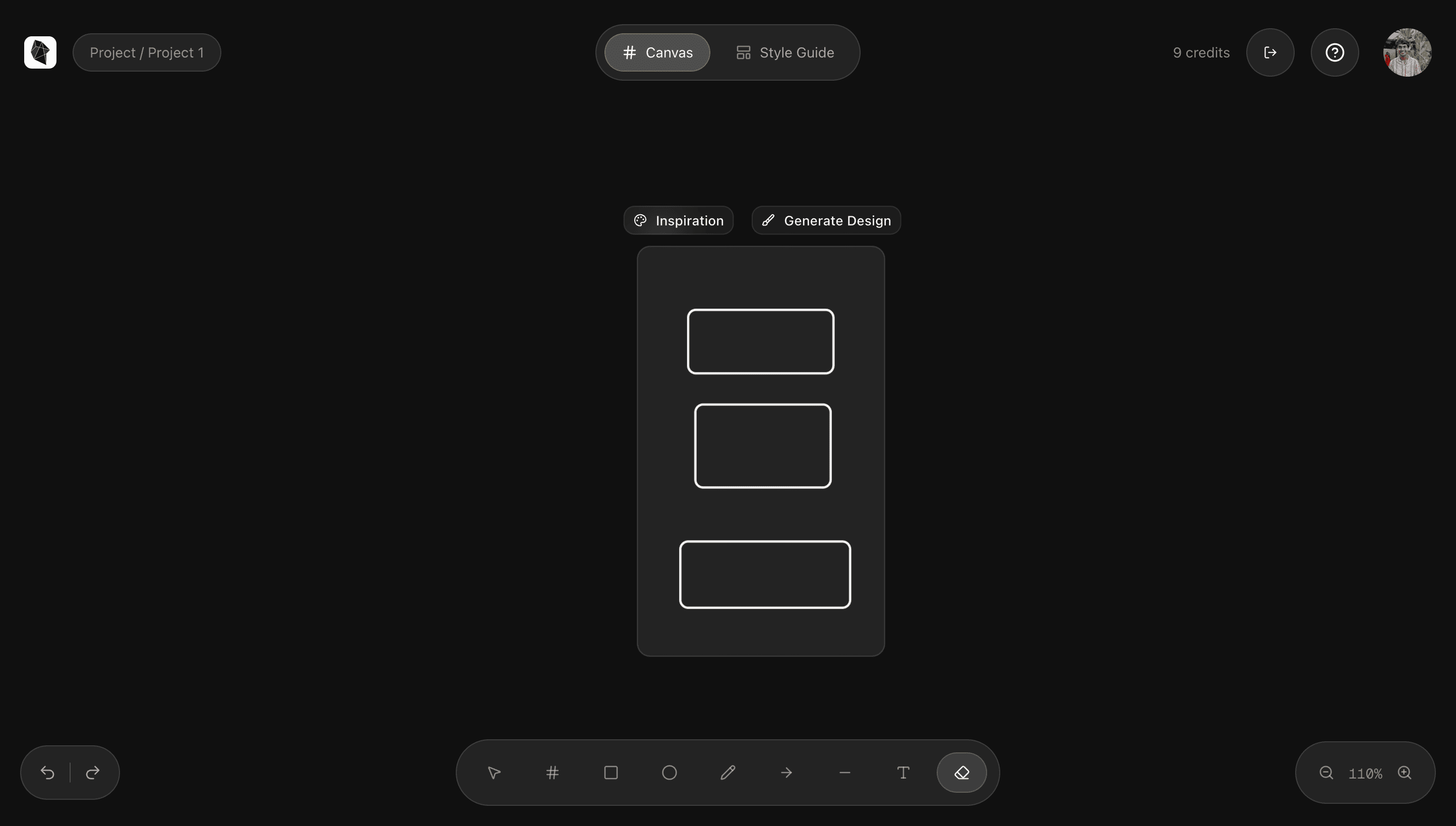 Infinite canvas showing a wireframe sketch with Inspiration and Generate Design actions