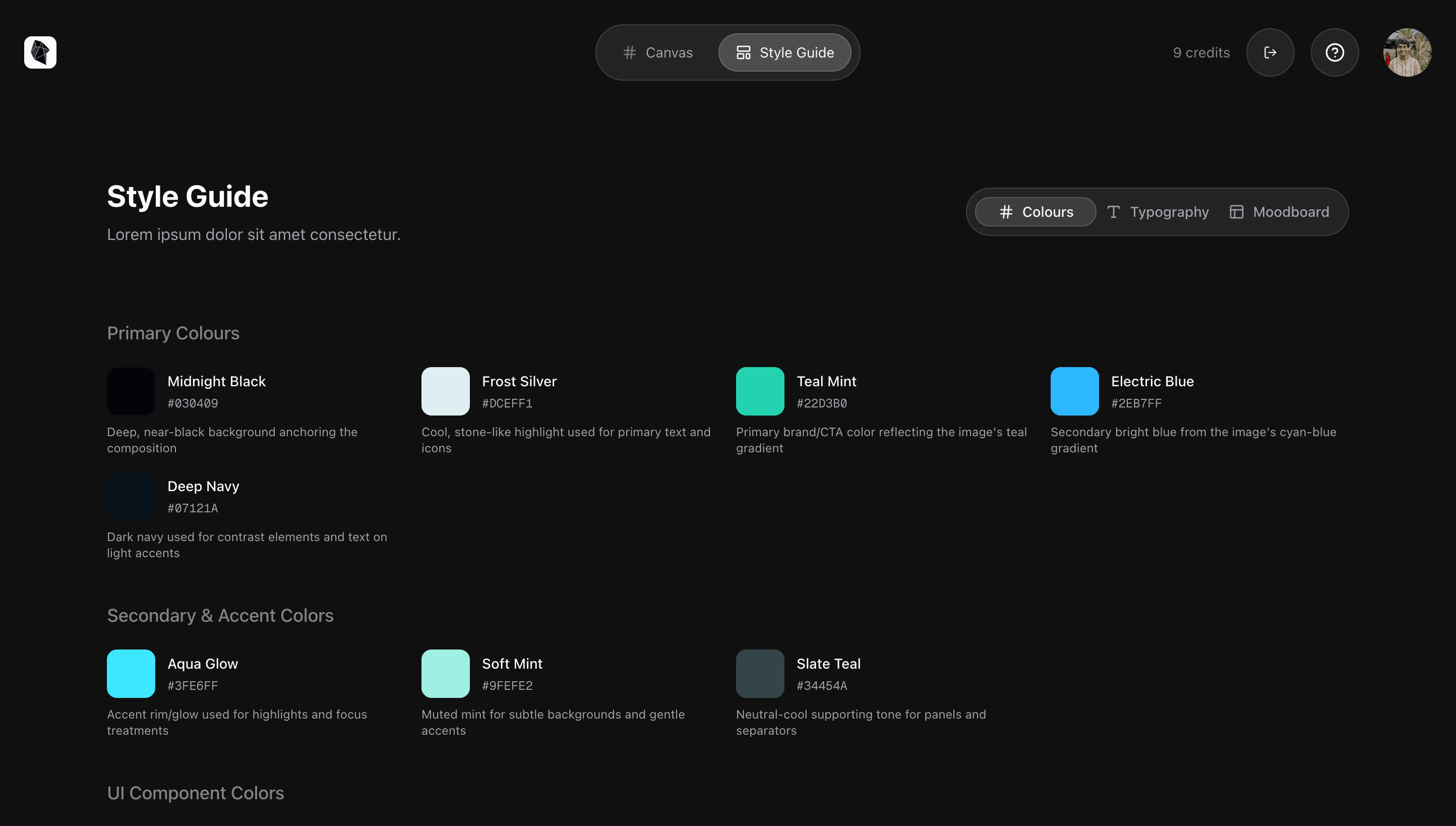 Style Guide colours tab showing a full AI-generated palette with named swatches and hex codes