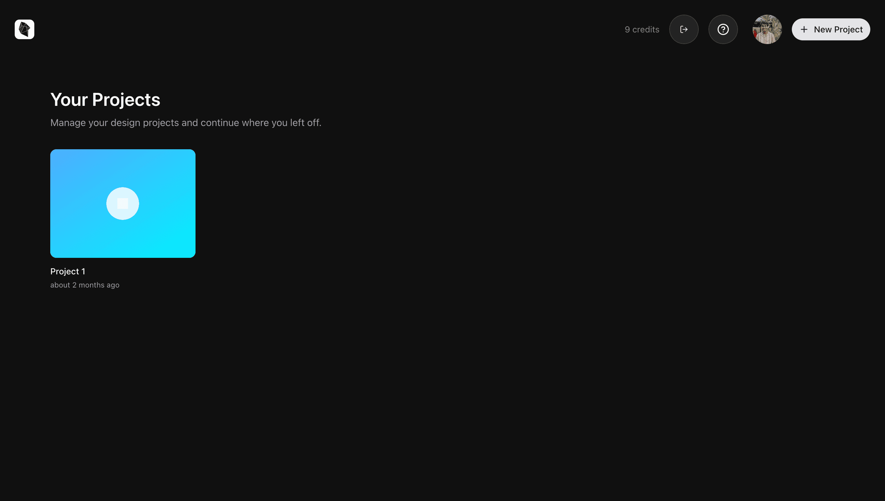 Your Projects dashboard with thumbnail cards and a New Project button