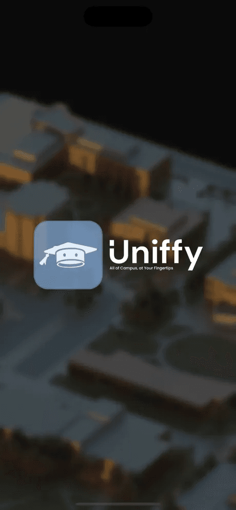 Uniffy app splash screen with logo and campus aerial background