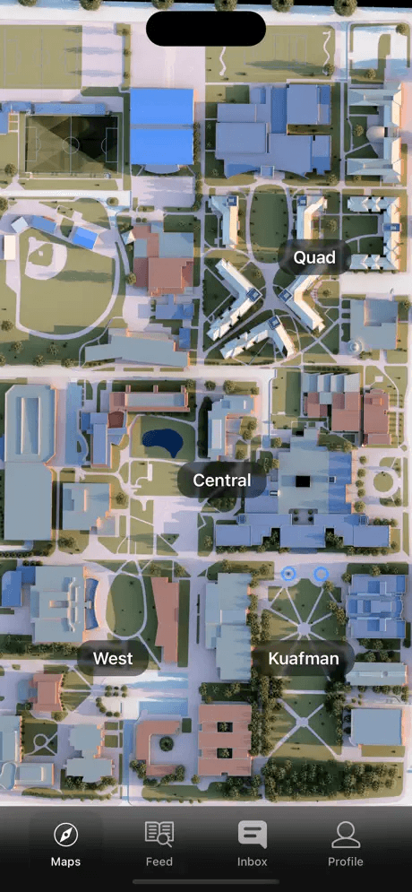 Campus map overview showing Quad, Central, West, and Kuafman zones