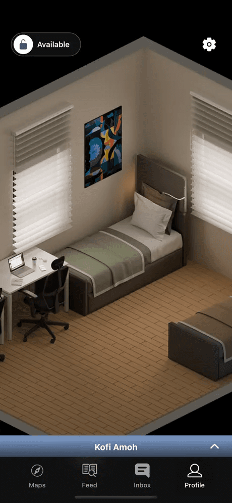 Profile screen with 3D dorm room and Available room status toggle
