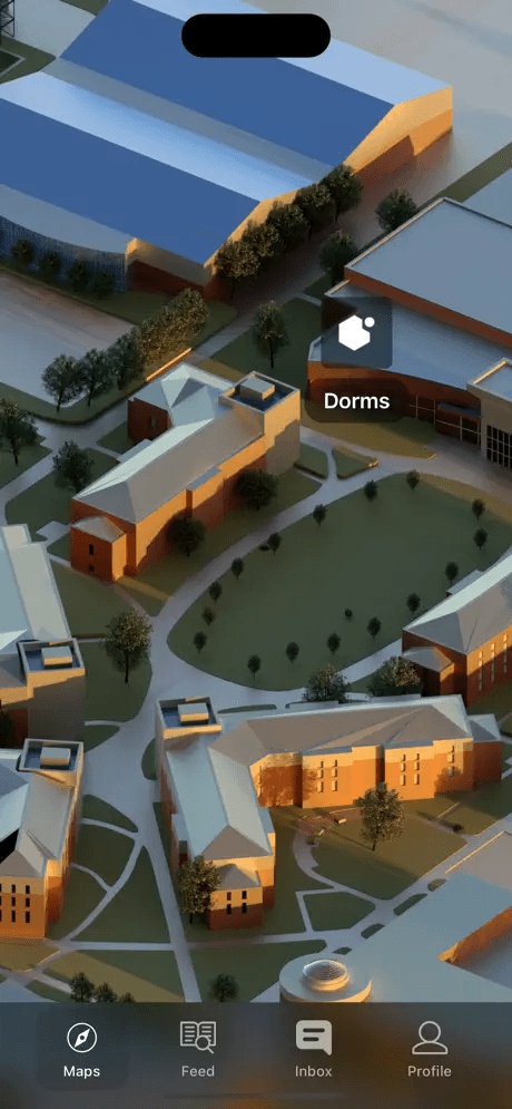 Zoomed campus map with a Dorms building pin