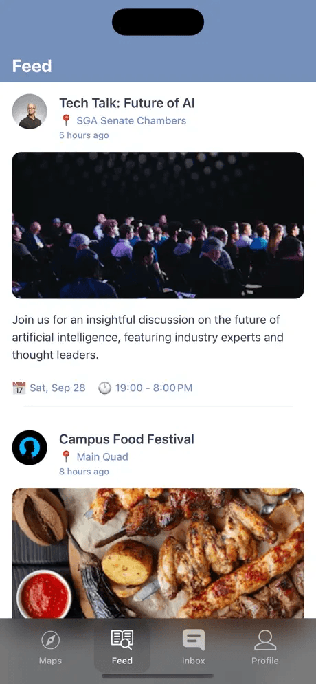 Feed screen showing Tech Talk and Campus Food Festival events